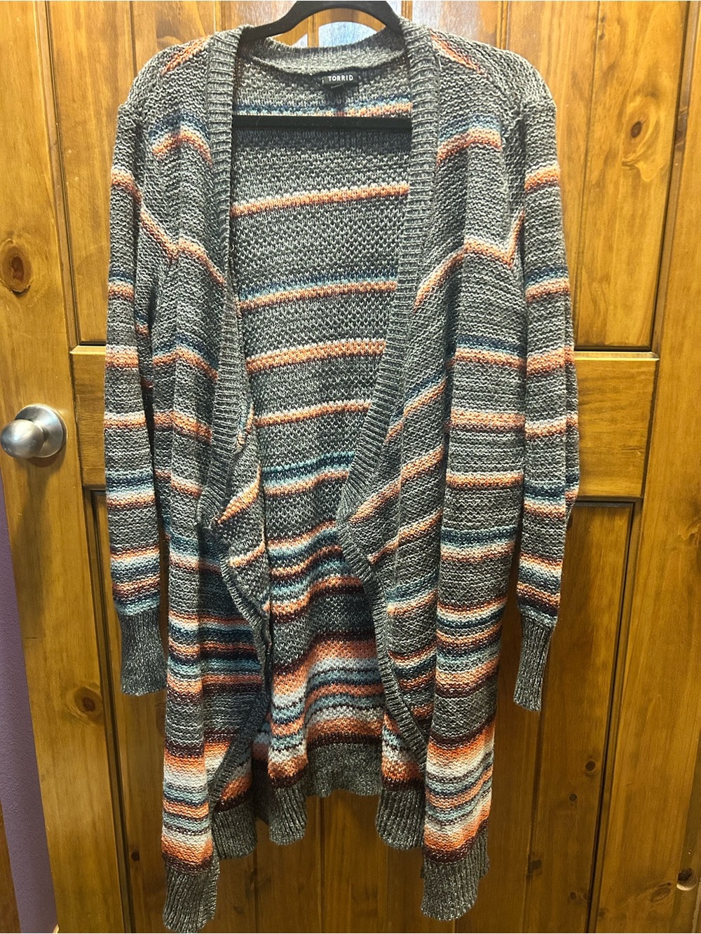 torrid Gray Open-Front Cardigan with Rust & Teal Stripes